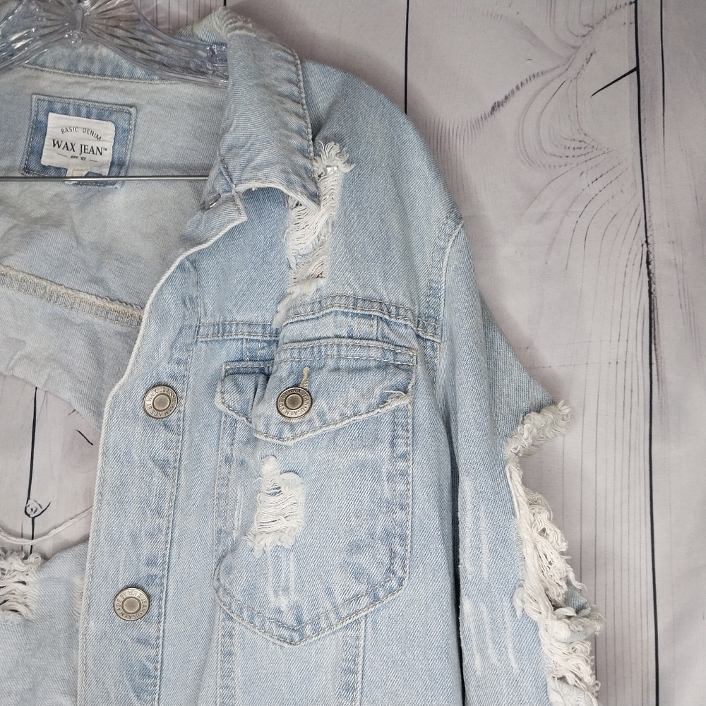 Wax Jean Basic Denim Light Wash Grunge Edgy Thrashed Y2K Festival Denim Jacket - Picture 2 of 15
